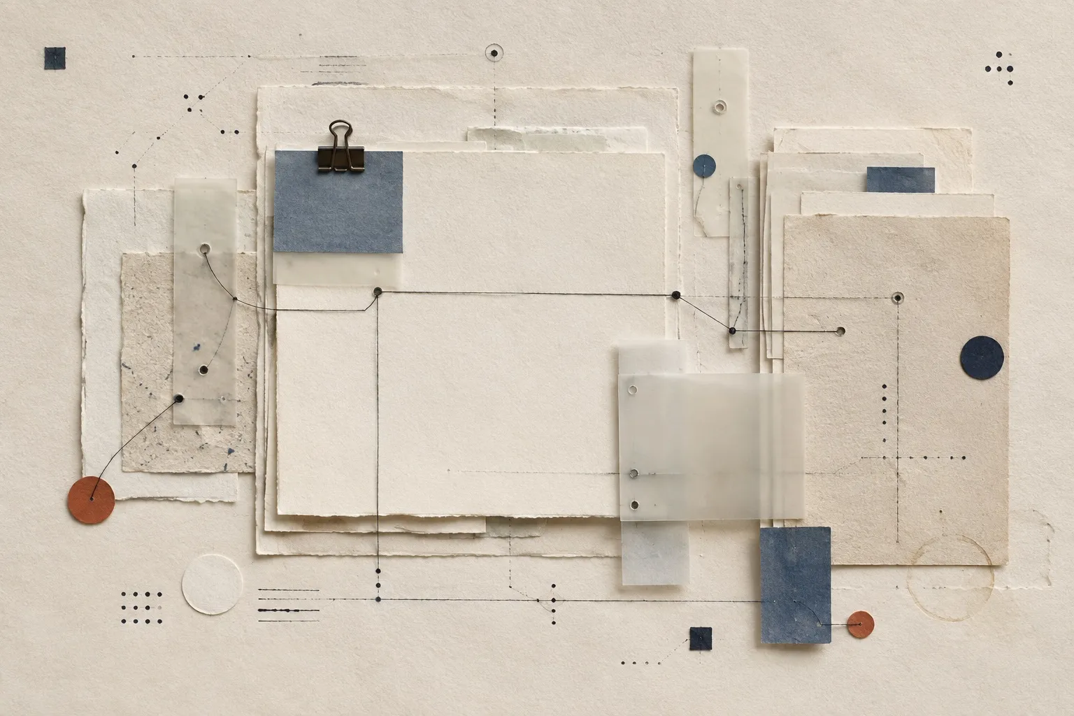 Abstract arrangement of blank paper slips linked by fine ink lines
