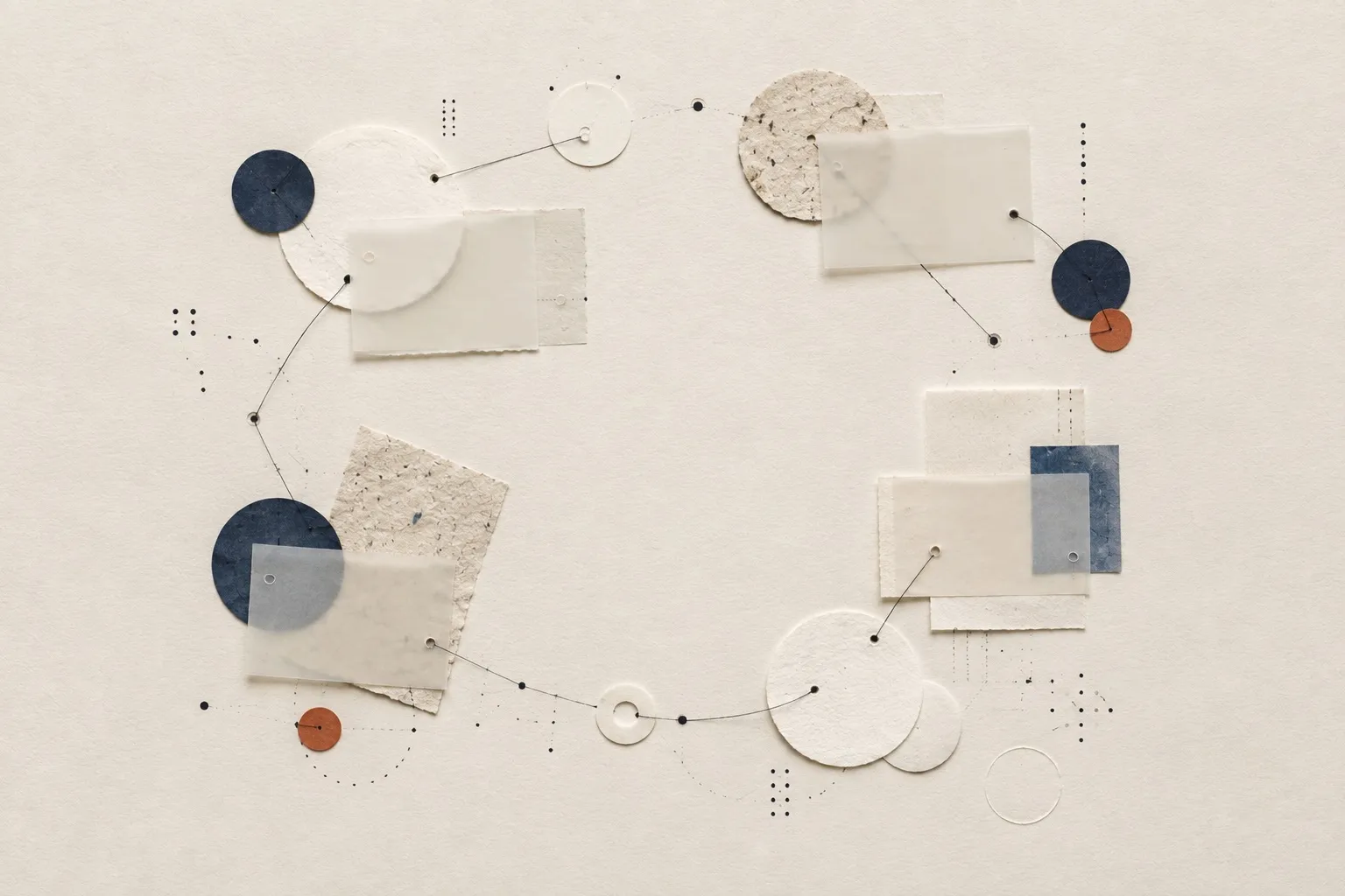 Circular paper forms and blank notes joined in an open constellation